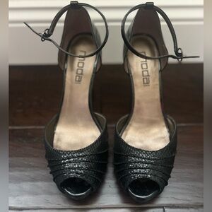 Black Patent Leather Peep Toe Pumps